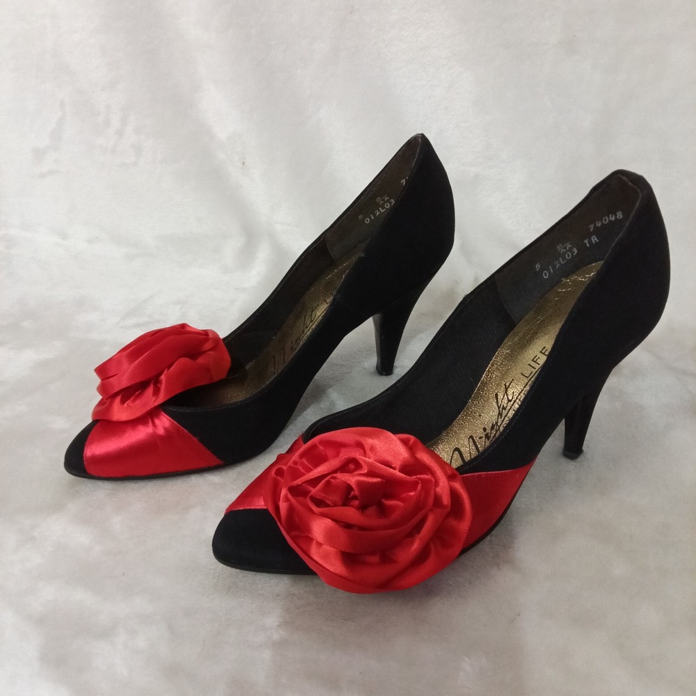 Night Life by Life Stride Vtg 80s Jillian Black Red Rosette Pumps Heels Size 5